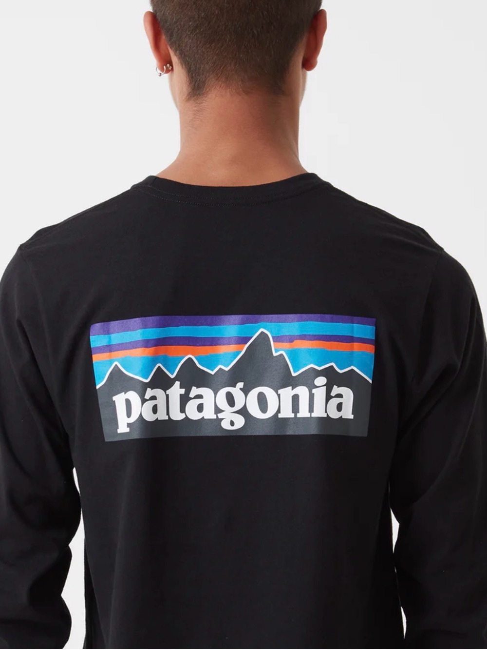 Patagonia Black Long Sleeve Logo Tee with Multicolor Mountain Graphic